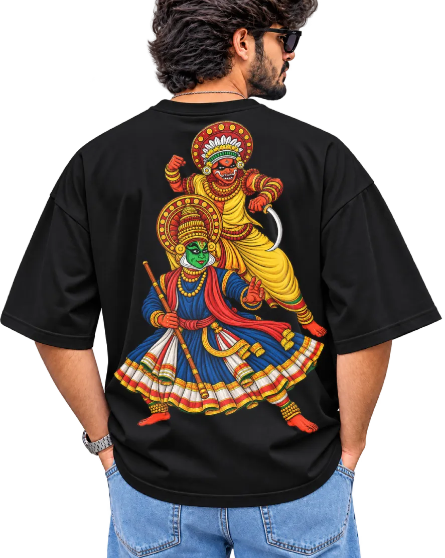 Theyyam Meets Kathakali Men's Oversized Tee in Black