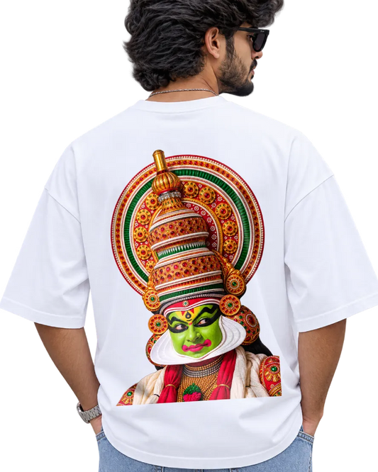 Pacha Vesham Kathakali art print on a white oversized t-shirt by The Mallu Co