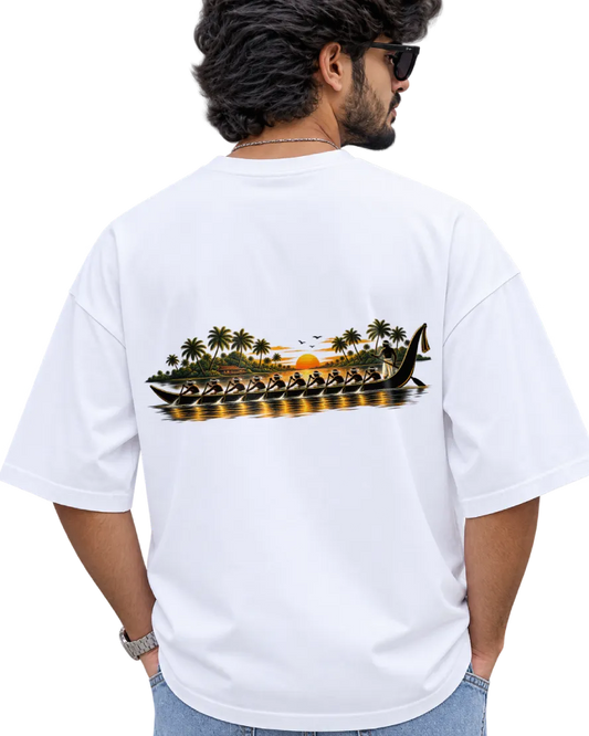 Vallam Kali snake boat race art print on a white oversized t-shirt by The Mallu Co