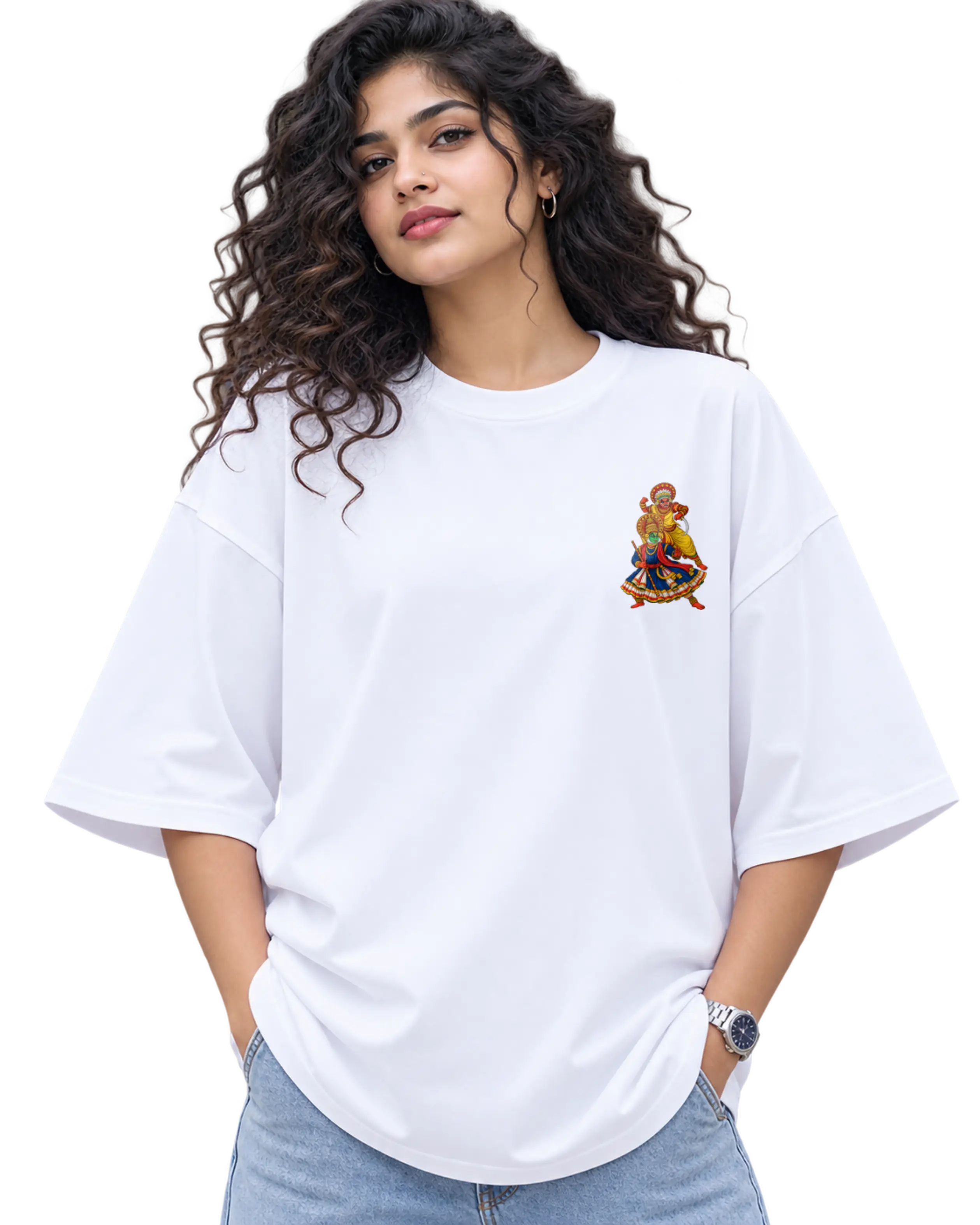 Theyyam Meets Kathakali Women's Oversized Tee in White – alternate view