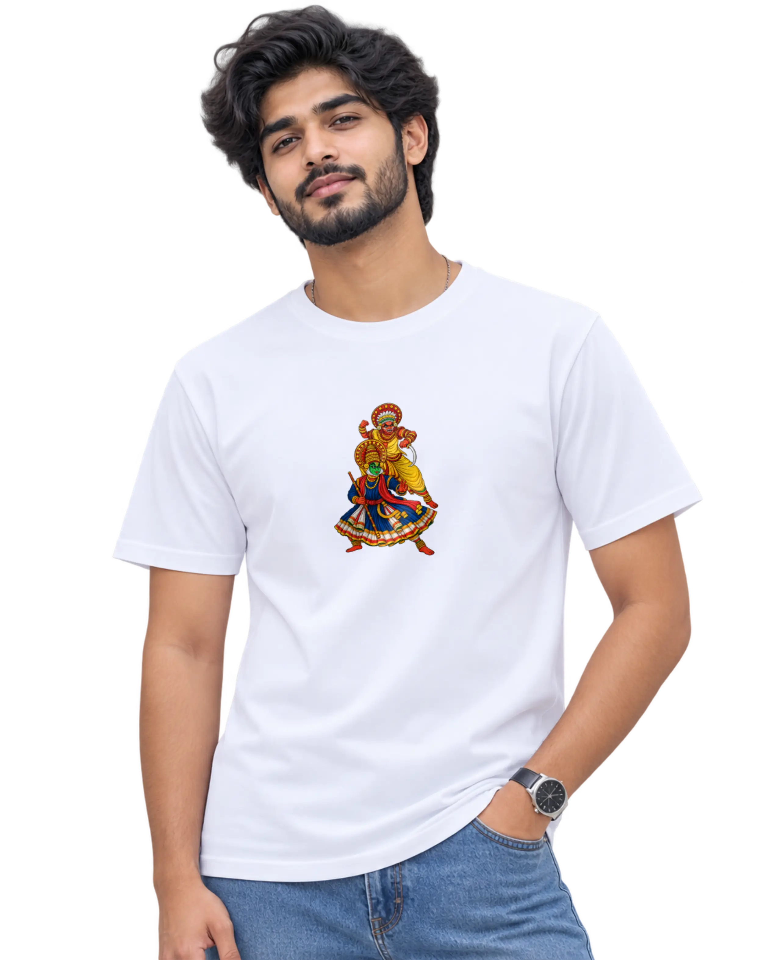 Theyyam Meets Kathakali Men's Round Neck Tee in White