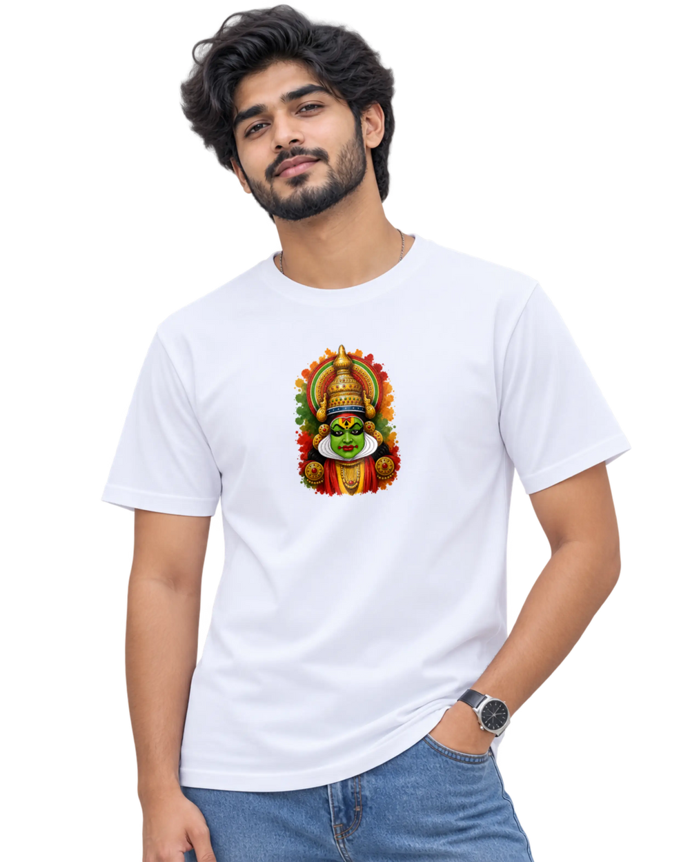 Kathakali Splash Men's Round Neck Tee in White