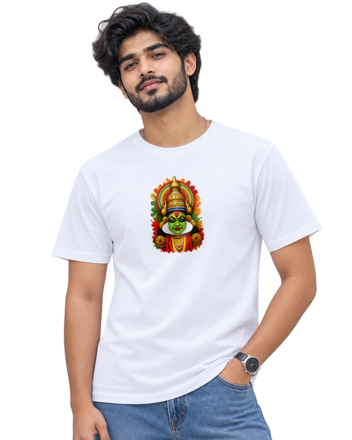 Kathakali Splash Men's Round Neck Tee in White