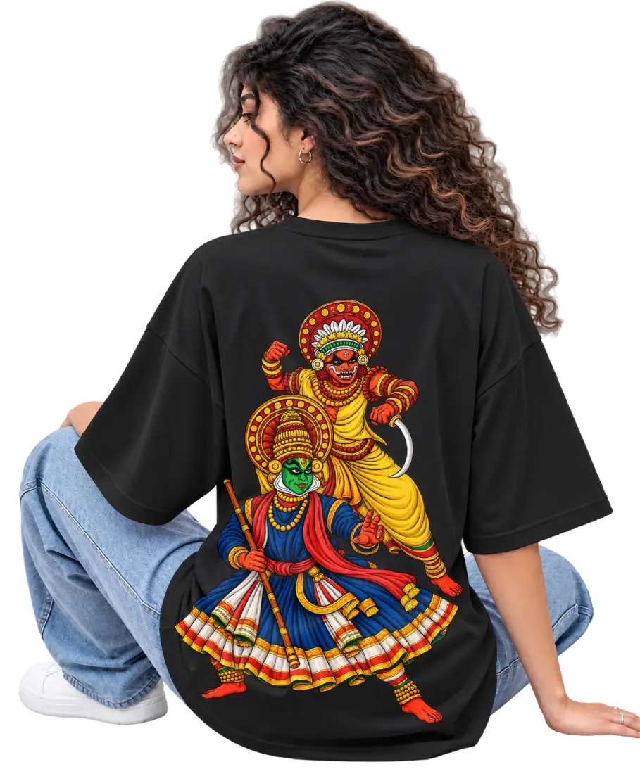 Theyyam Meets Kathakali Women's Oversized Tee in Black