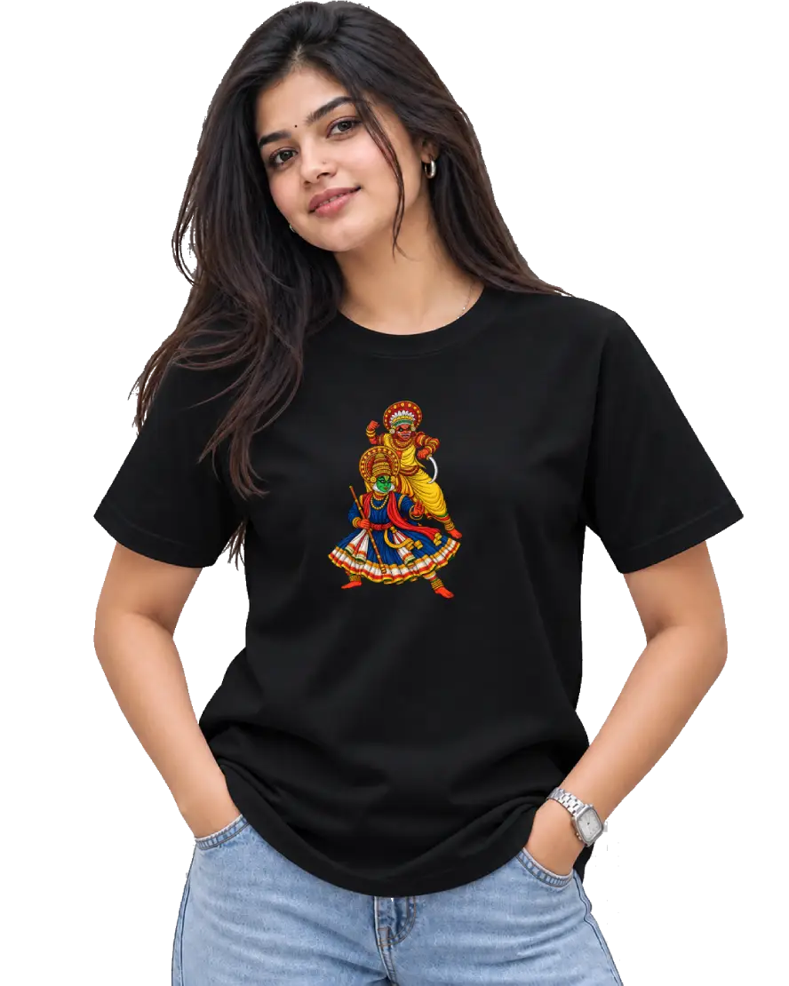 Theyyam Meets Kathakali Women's Round Neck Tee in Black